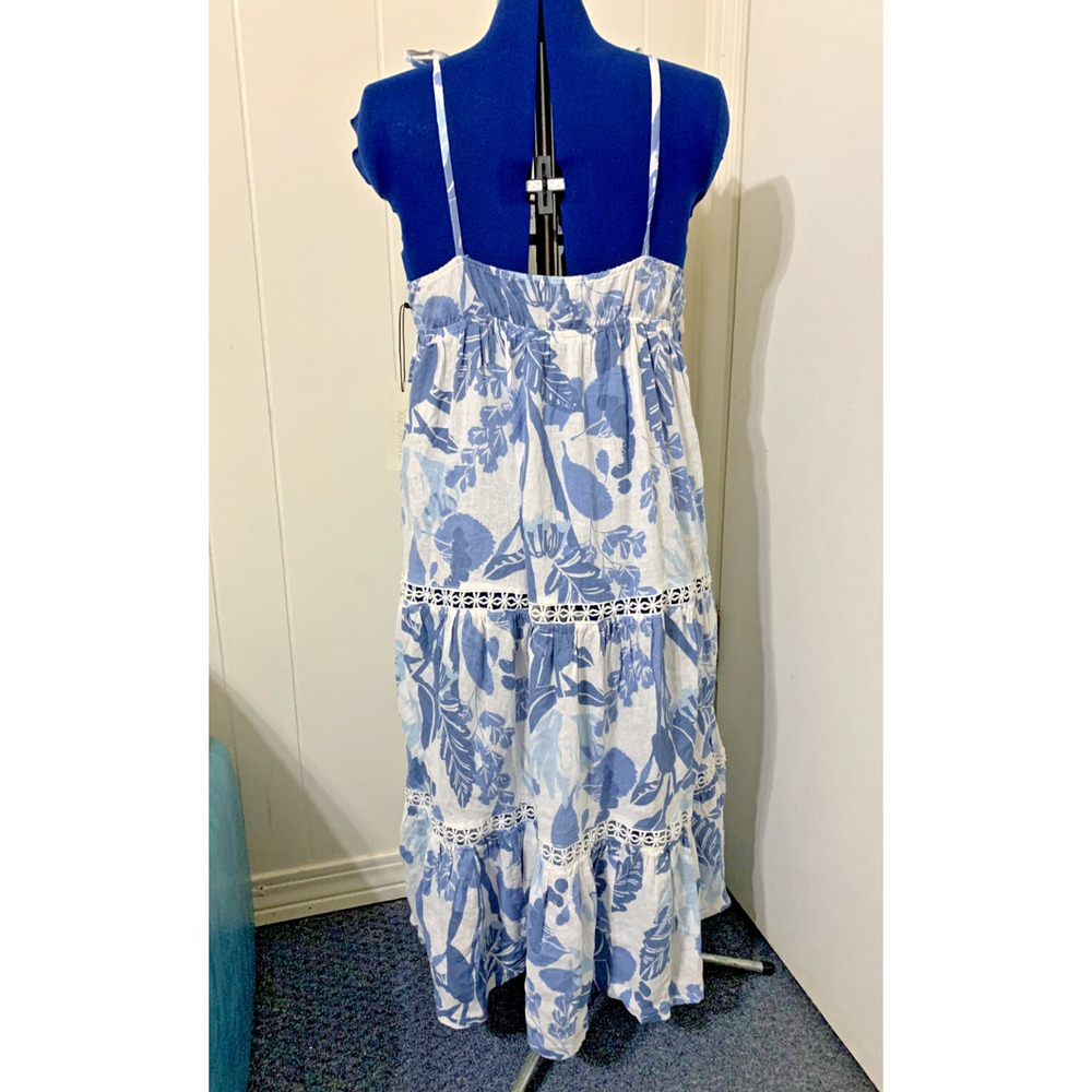 Rachael Zoe Linen Blend Dress Medium Blue Floral Print Tiered Midi Resort Beachy - Picture 3 of 9